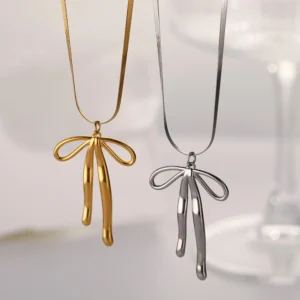 Trendy 18K Gold Plated Charm Bowknot Pendant Necklace Minimalist Snake Chain Stainless Steel Necklace for Women Girls