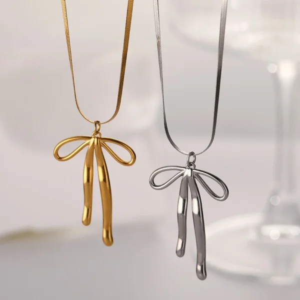Trendy 18K Gold Plated Charm Bowknot Pendant Necklace Minimalist Snake Chain Stainless Steel Necklace for Women Girls
