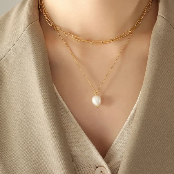 Dainty 18k Gold Plated Stainless Steel Layered Paper Clip Chain Choker Necklace for Women Minimalist Freshwater Pearl Necklace - Image 4