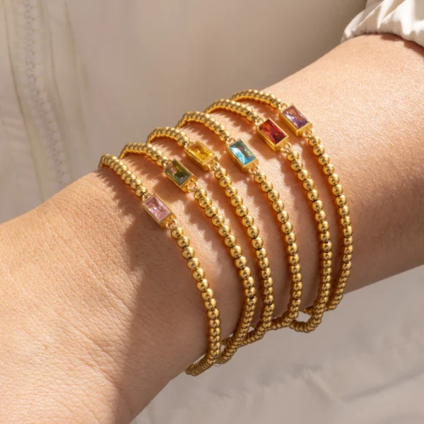Dainty 18k Gold Plated Beaded Zircon Birthstone Bracelet for Women Waterproof Stainless Steel Beads Bracelets - Image 2