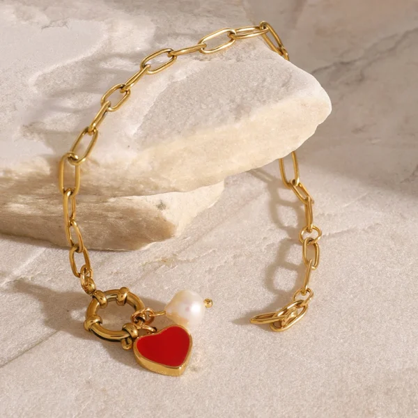 Waterproof 18k Gold Plated Enamel Heart Charm Bracelet Stainless Steel Paperclip Chain Pearl Bracelet Women Jewelry - Image 6
