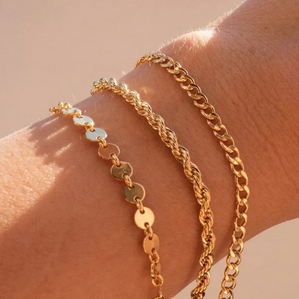Minimalist 18K Gold Plated Twist Rope Bracelet for Girls Non Tarnish Stainless Steel Disc Chain Stackable Bracelets Women Set - Image 2
