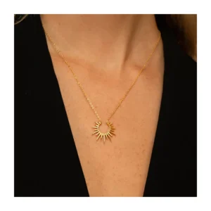 Hypoallergenic 18K Gold Plated Geometric Pendant Necklace Minimalist Stainless Steel Sunburst Necklace Waterproof Jewelry