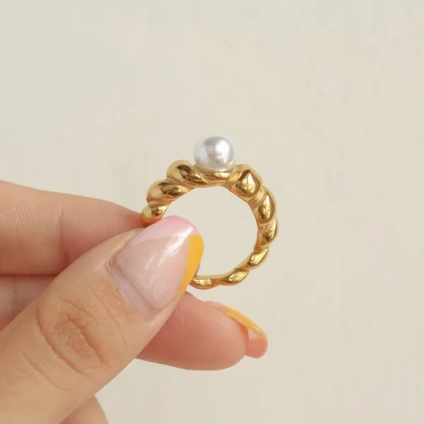 Vintage 18k Gold Plated Stainless Steel Twisted Rings Wedding Jewelry Women Minimalist Pearl Ring Tarnish Free - Image 2