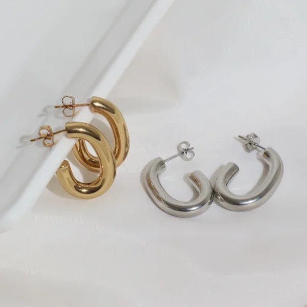 Waterproof 18K Gold Plated Stainless Steel Hoop Earrings Jewelry Hypoallergenic CC Stud Earrings for Women - Image 2