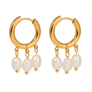 Dainty Jewelry 18k Gold Plated Stainless Steel Pearl Charm Hoop Earrings Women Freshwater Pearl Huggie Hypoallergenic  Earings