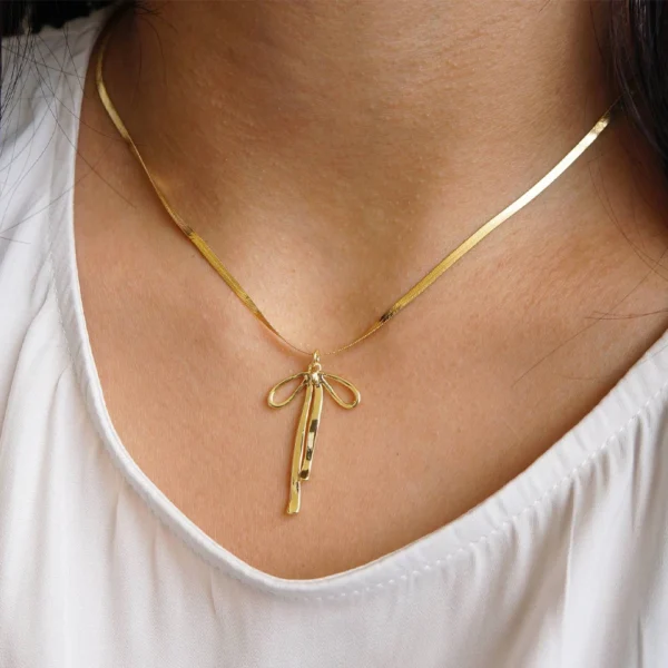 Trendy 18K Gold Plated Charm Bowknot Pendant Necklace Minimalist Snake Chain Stainless Steel Necklace for Women Girls - Image 2