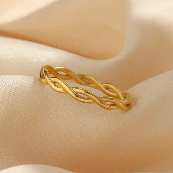 Simple Design 18K Gold Plated Twisted Linear Rings Women Stainless Steel Super Thin Woven Chain Rings Waterproof Jewelry - Image 6