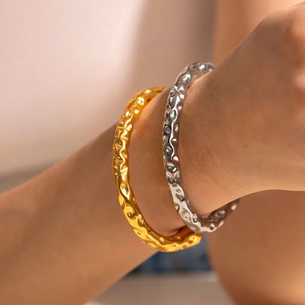 Vintage Jewelry 18K Gold Plated Hammered Bangle Bracelets Women Dainty Stainless Steel C Shape Charm Bracelet Tarnish Free - Image 6