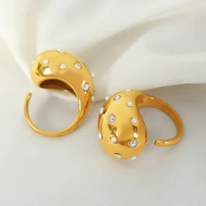 Chunky 18K Gold Plated Stainless Steel Dome Ring High Polish Luxury Cubic Zirconia Open Rings Jewelry Women