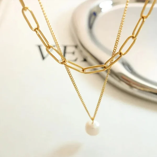 Dainty 18k Gold Plated Stainless Steel Layered Paper Clip Chain Choker Necklace for Women Minimalist Freshwater Pearl Necklace - Image 6