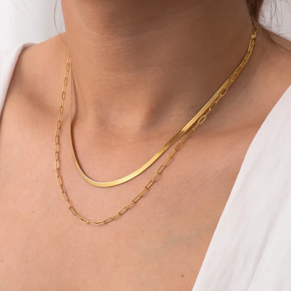 Waterproof18k Gold Plated Paperclip Chain Necklaces Women Stainless Steel Layered Double Snake Chain Choker Necklace Jewelry - Image 4