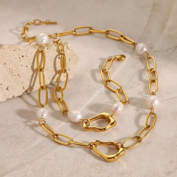 Minimalist 18k Gold Plated Stainless Steel Chain Pendant Necklaces for Women Fashion Freshwater Pearl Necklace Set Jewelry - Image 3