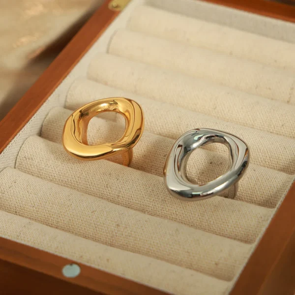 Ins Style 2024 Waterproof Stainless Steel Hollow Hoop Shaped Rings Women 18k Gold Plated Exaggerated Irregular Rings Jewelry - Image 5