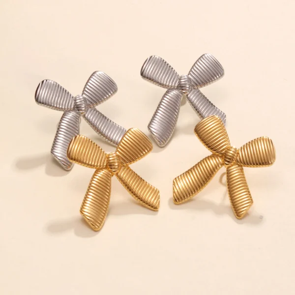 Minimalist 18K Gold Plated Bow Knot Stud Earrings for Women Dainty Stainless Steel Striped Ring Hypoallergenic  Jewelry - Image 6