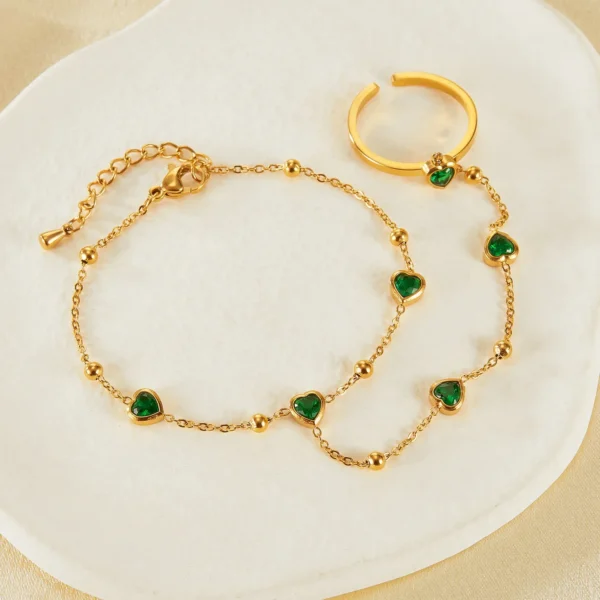 New Minimalist 18k Gold Plated Stainless Steel Adjustable Open Ring Fashion Jewelry Green Cz Heart Ring Bracelet Women - Image 2