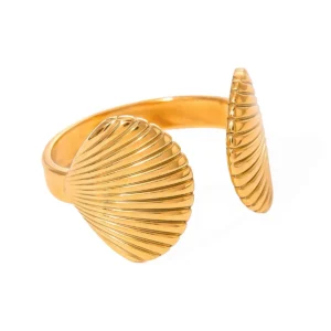 Minimalist Shell Rings Jewelry 18K Gold Plated Stainless Steel Open Adjustable No Fading Waterproof Ring for Women