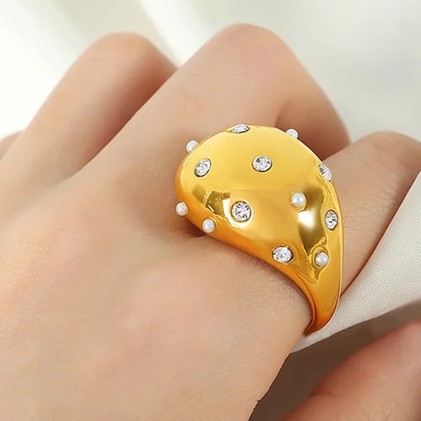 Chunky 18K Gold Plated Stainless Steel Dome Ring High Polish Luxury Cubic Zirconia Open Rings Jewelry Women - Image 4