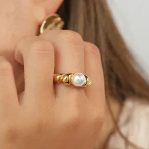 Vintage 18k Gold Plated Stainless Steel Twisted Rings Wedding Jewelry Women Minimalist Pearl Ring Tarnish Free