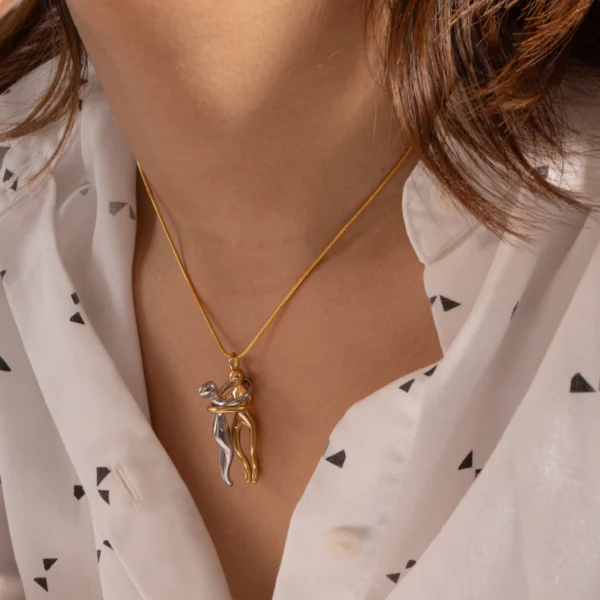 Fashion Jewelry 18k Gold Plated Stainless Steel Unique Design Gold and Silver Two-tone Hugging Pendant Necklaces Lovers Gift - Image 2