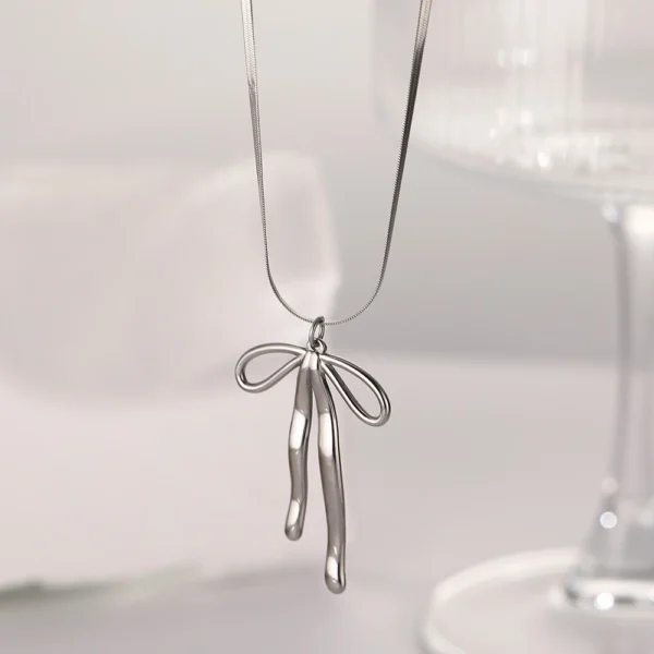 Trendy 18K Gold Plated Charm Bowknot Pendant Necklace Minimalist Snake Chain Stainless Steel Necklace for Women Girls - Image 4