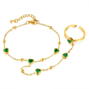 New Minimalist 18k Gold Plated Stainless Steel Adjustable Open Ring Fashion Jewelry Green Cz Heart Ring Bracelet Women
