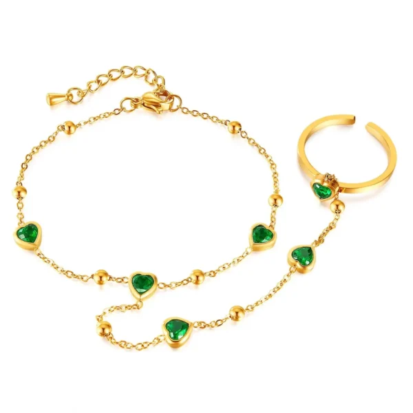 New Minimalist 18k Gold Plated Stainless Steel Adjustable Open Ring Fashion Jewelry Green Cz Heart Ring Bracelet Women