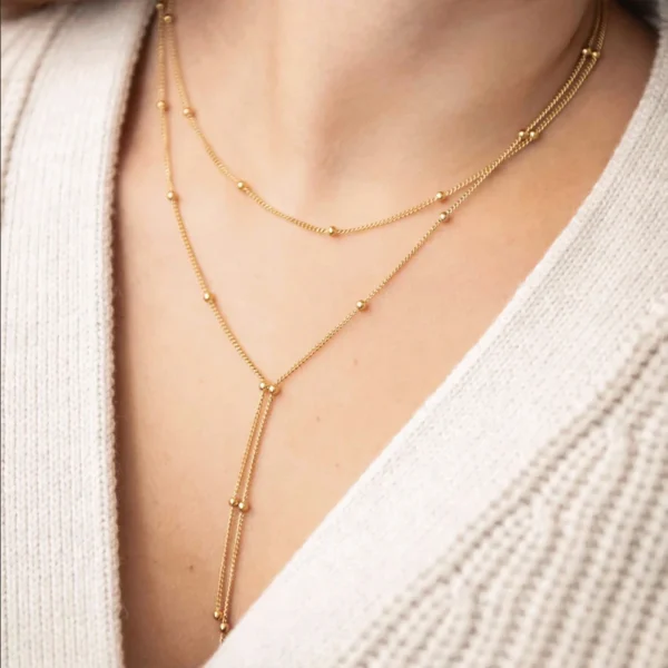 Minimalist Stainless Steel 18k Gold Plated Beaded Necklaces for Women Waterproof Double Layered Chain Lariat Necklace Jewelry - Image 2