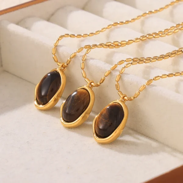 Minimalist 18k Gold Plated Titanium Steel Irregular Tiger Eye Stone Pendant Necklaces Women Personality Rice Bead Chain Jewelry - Image 6