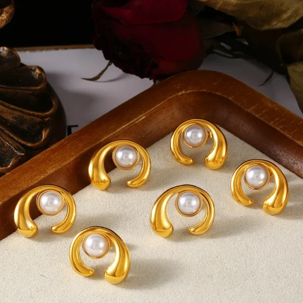Tarnish Free 18k Gold Plated C Shape Pearl Stud Earrings for Girls Daily Wear Party Jewelry Women Stainless Steel Earring - Image 3