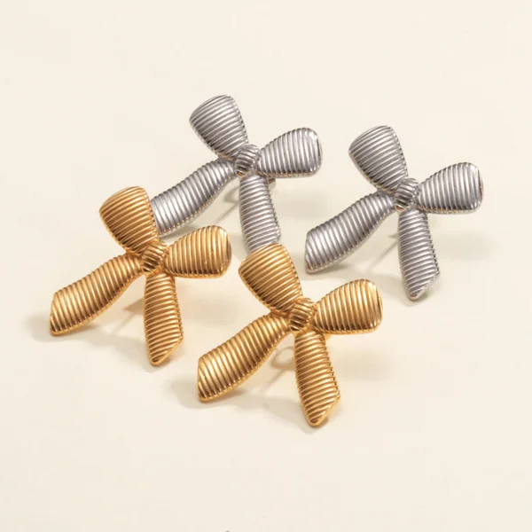 Minimalist 18K Gold Plated Bow Knot Stud Earrings for Women Dainty Stainless Steel Striped Ring Hypoallergenic  Jewelry - Image 4