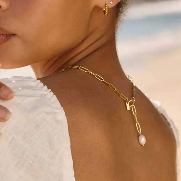 Non Tarnish 18K Gold Plated Stainless Steel Paperclip Chain Necklace for Women Minimalist Freshwater Pearl Necklace Jewelry - Image 4
