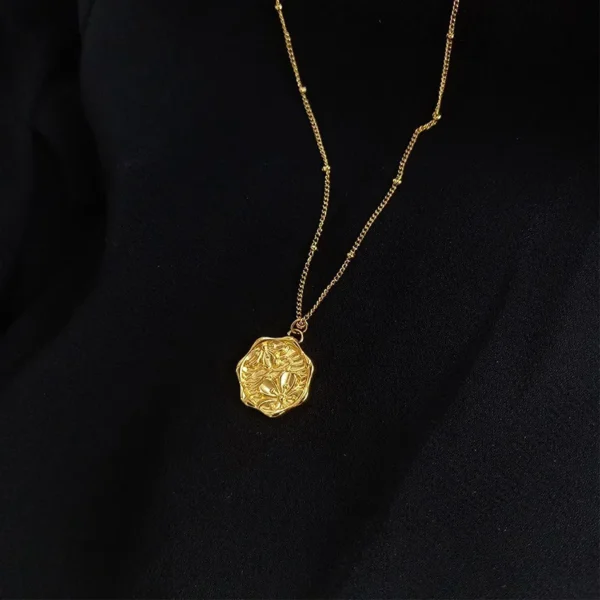 Tarnish Free Jewelry 18k Gold Plated Engraved Cherry Flower Coin Necklaces Stainless Steel Bead Chain Charm Pendant Necklace - Image 5