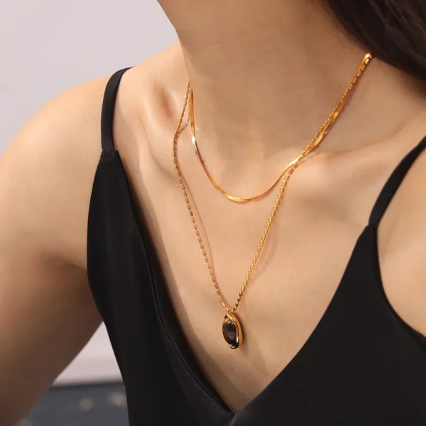 Minimalist 18k Gold Plated Titanium Steel Irregular Tiger Eye Stone Pendant Necklaces Women Personality Rice Bead Chain Jewelry - Image 4