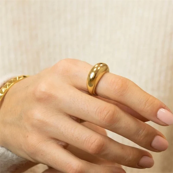 Trendy 18K Gold Plated Stainless Steel Wedding Promise Couples Ring Chunky Curved Smooth Round Statement Ring Women Jewelry - Image 3