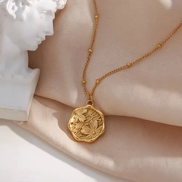 Tarnish Free Jewelry 18k Gold Plated Engraved Cherry Flower Coin Necklaces Stainless Steel Bead Chain Charm Pendant Necklace - Image 6