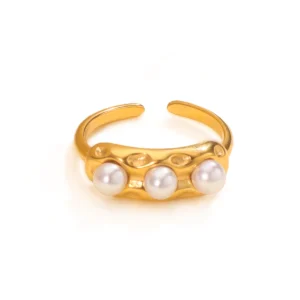 Tarnish Free Vintage 18k Gold Plated Pearl Finger Ring Women Dainty Stainless Steel Fashion Open Rings Wedding Jewelry
