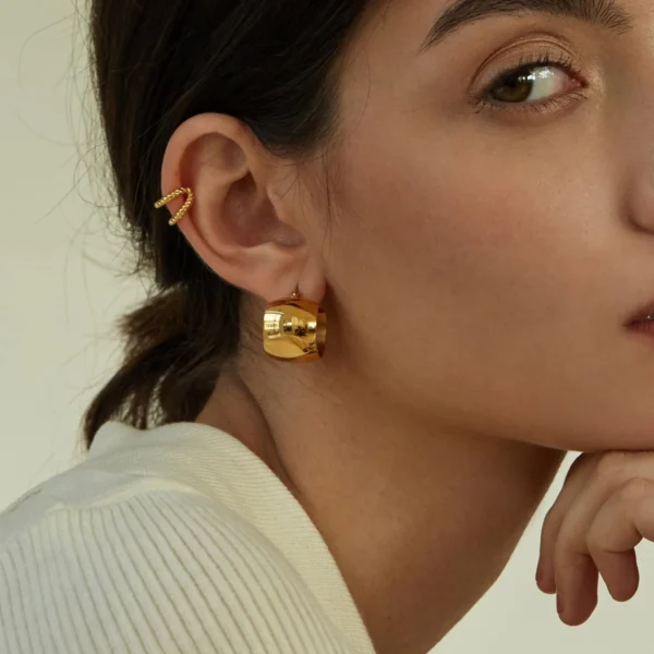 Minimalist 18k Gold Plated Stainless Steel Plain Thick Hoop Earrings for Women Designer Wide Curved Earring Jewelry Waterproof - Image 3