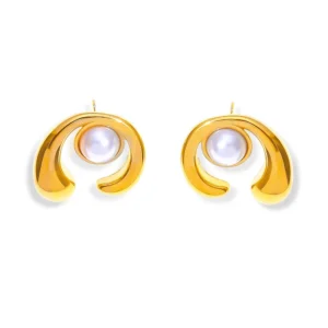 Tarnish Free 18k Gold Plated C Shape Pearl Stud Earrings for Girls Daily Wear Party Jewelry Women Stainless Steel Earring