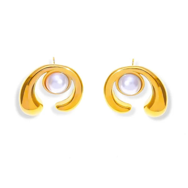 Tarnish Free 18k Gold Plated C Shape Pearl Stud Earrings for Girls Daily Wear Party Jewelry Women Stainless Steel Earring