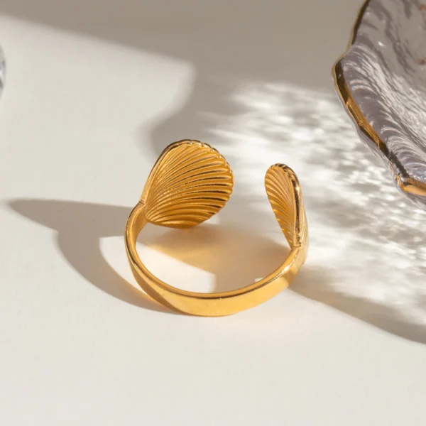 Minimalist Shell Rings Jewelry 18K Gold Plated Stainless Steel Open Adjustable No Fading Waterproof Ring for Women - Image 6