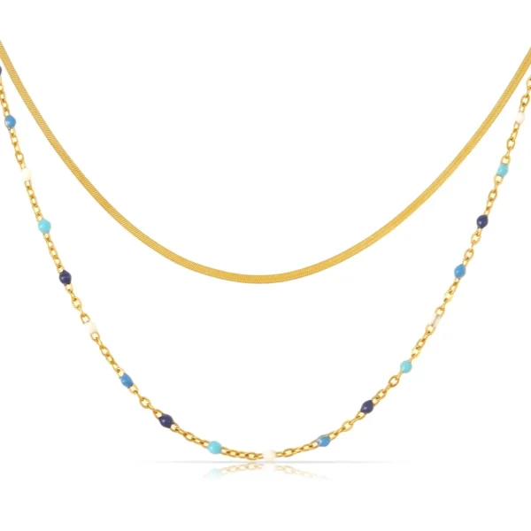 Designer 18k Gold Plated Snake Layered Choker Necklace Women Dainty Stainless Steel Beads Double Row Boho Jewelry Gift for Her