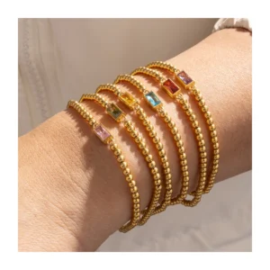 Dainty 18k Gold Plated Beaded Zircon Birthstone Bracelet for Women Waterproof Stainless Steel Beads Bracelets