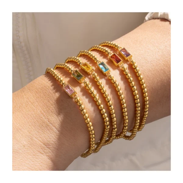 Dainty 18k Gold Plated Beaded Zircon Birthstone Bracelet for Women Waterproof Stainless Steel Beads Bracelets