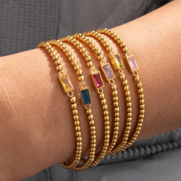 Dainty 18k Gold Plated Beaded Zircon Birthstone Bracelet for Women Waterproof Stainless Steel Beads Bracelets - Image 3