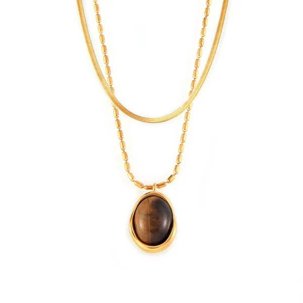 Minimalist 18k Gold Plated Titanium Steel Irregular Tiger Eye Stone Pendant Necklaces Women Personality Rice Bead Chain Jewelry - Image 5