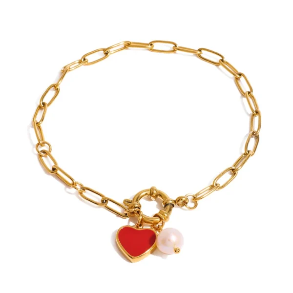 Waterproof 18k Gold Plated Enamel Heart Charm Bracelet Stainless Steel Paperclip Chain Pearl Bracelet Women Jewelry - Image 2