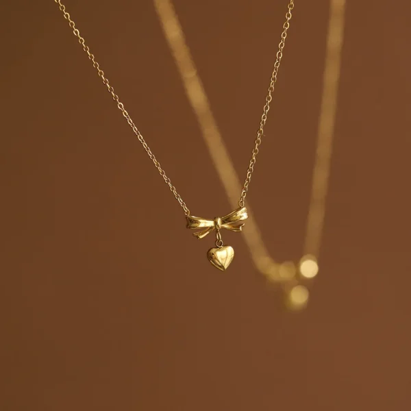 18K Gold Plated Stainless Steel Heart Charms Bow Ties Pendant Bow Necklace Women Charm Bow Pendant Necklace for Girls - Image 2