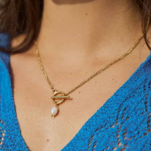 Fashion 18K Gold Plated Stainless Steel Paper Clip Chain Necklace Women Charm OT Button Freshwater Pearl Pendant Necklace - Image 4