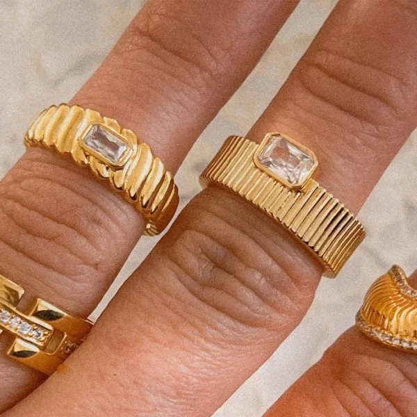 Retro 18k Gold Plated Stainless Steel Ridged Ring Gift Square White Cubic Zirconia Wedding Rings Jewelry Women - Image 3